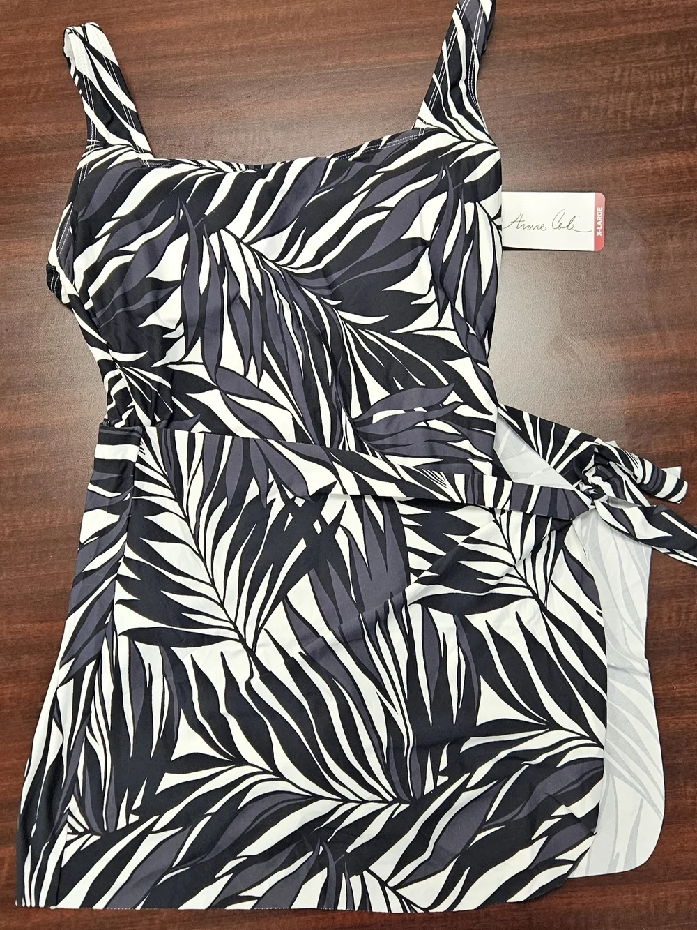 Anne Cole Black & White Tropical-Leaf One-Piece Swimdress